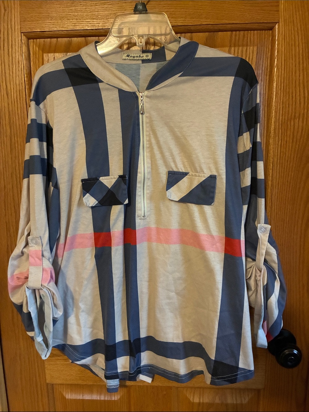 Meyabo Striped Half-Zip Long Sleeve Top - Blue, Beige & Pink
